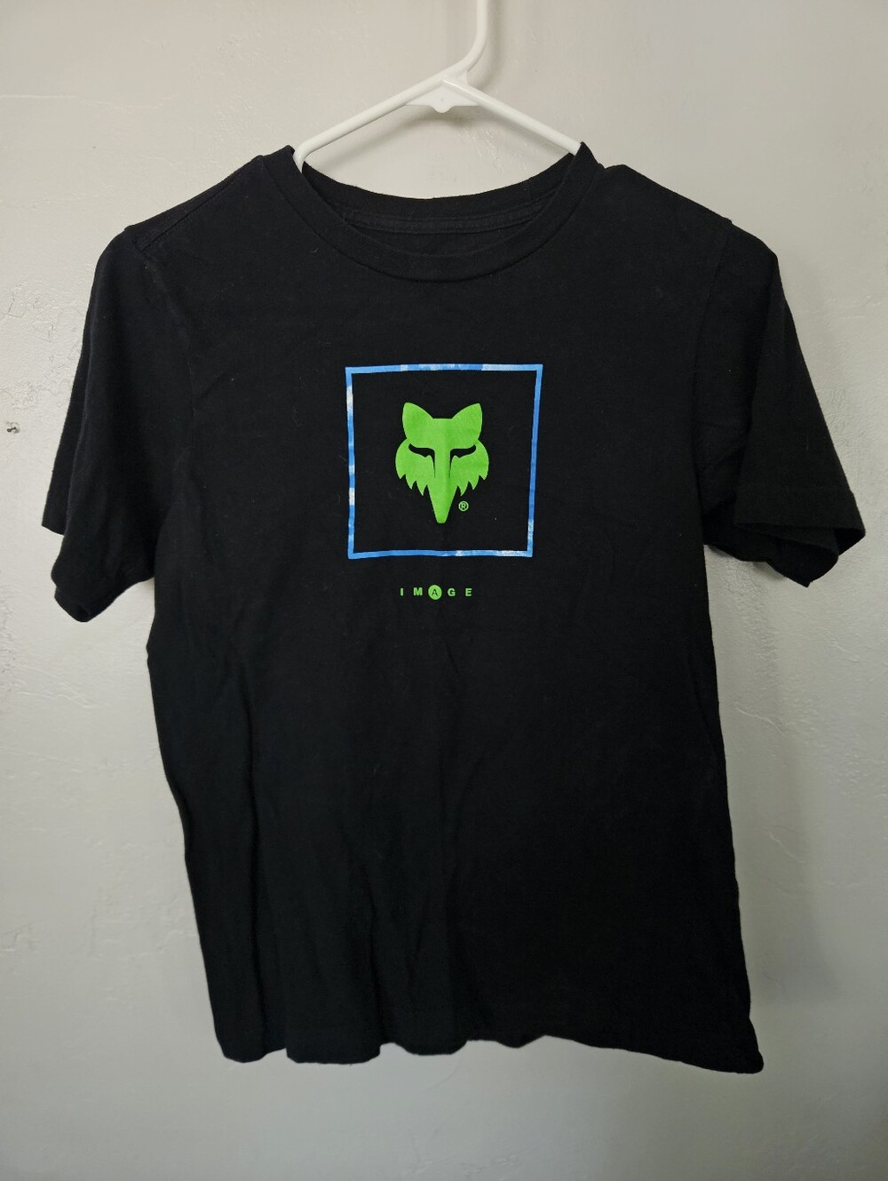 Fox Racing Youth Large Boys Kids Black Tee Neon Green Blue Logo Graphic T-shirt